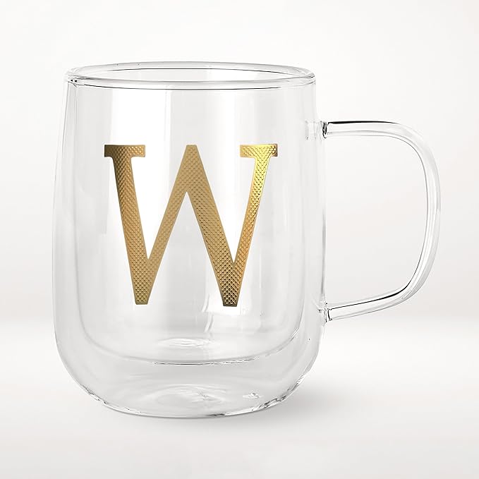 COLLECTIVE HOME - Double Walled Glass Coffee Mugs, Insulated Coffee Mug with Handle, Personalized Gifts for Women, Men, Christmas, 14 oz Monogram Cups (W)