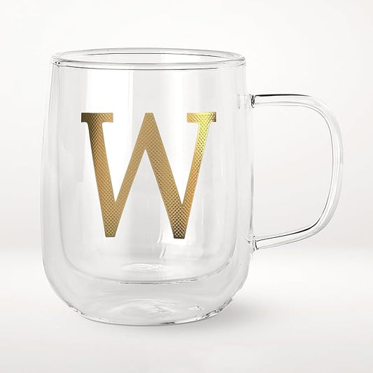 COLLECTIVE HOME - Double Walled Glass Coffee Mugs, Insulated Coffee Mug with Handle, Personalized Gifts for Women, Men, Christmas, 14 oz Monogram Cups (W)