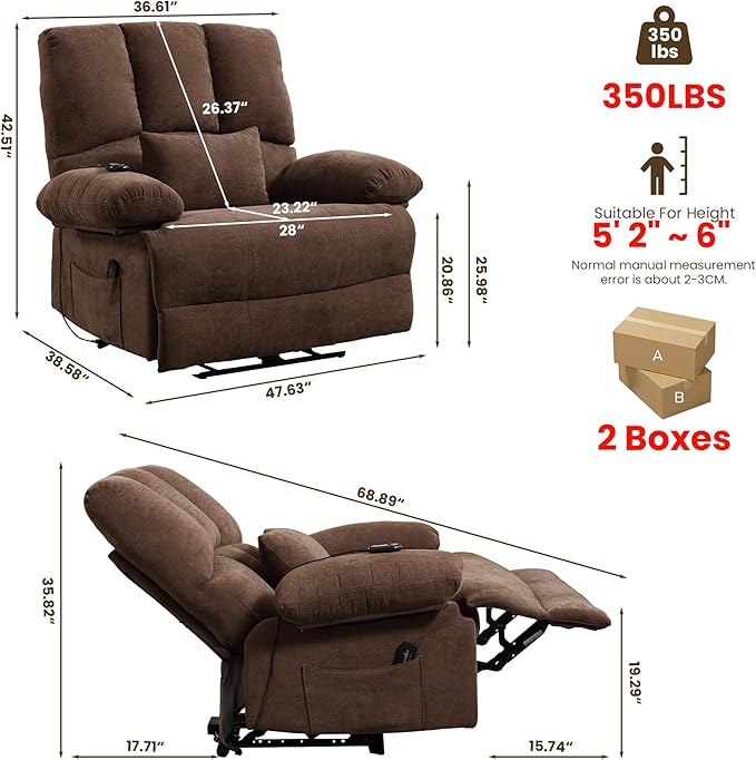 Oversized Power Recliner Chair 350lb with Hidable Cup Holders, Extra Wide Large Big Electric Recliner Chair with Lumbar Support Pillow Nursery Chair Living Room (Power, BROWN-ET6008)