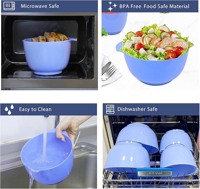 BoxedHome 4 Quart Large Plastic Mixing Bowls, Microwave Safe Mixing Bowl Set with Pour Spout, Nesting Bowls for Space Saving Storage(Violet Blue)