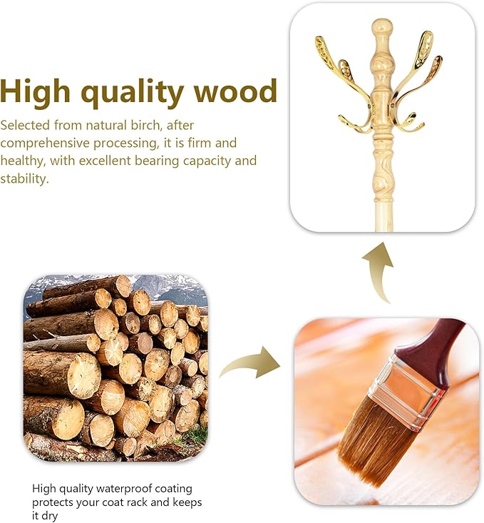 73”Vintage Wooden Coat Rack，With 14 Hooks and Sturdy Round Base.Sturdy and Durable Standing Coat Racks，Adjustable Wooden Freestanding Coat Rack for Corridors, Offices, Porch，Bedrooms (Natural)