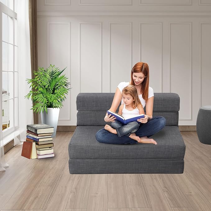 Queen Size Folding Sofa Couch Memory Foam with 2 Pillows Sleeper Chair Lazy Couch Triple Futon Convertible Guest Beds, Washable Cover,Dark Gray