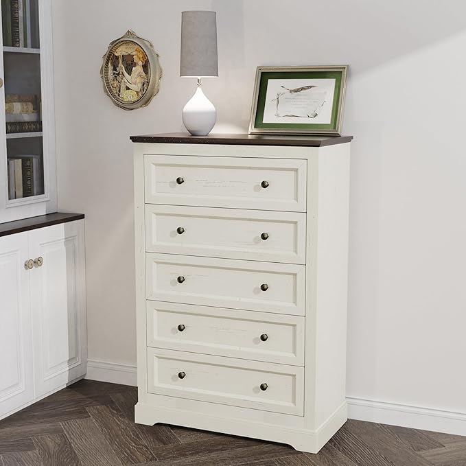Farmhouse Dresser 5 Drawer, Bedroom Chest of Drawers, Dressers with 5 Drawers, Wooden Dressers for Bedroom, Living Room, Tv Stand, Entryway (Off White-5 Drawers)