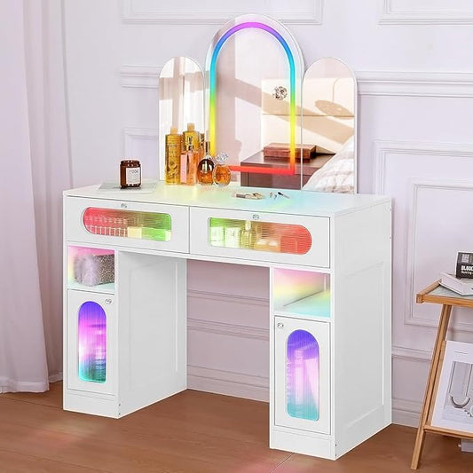 Vanity Desk with Arched Tri-Fold Mirror, Dimmable Vanity Table, LED RGB Makeup Vanity with 2 Drawers, 2 Open Storage Area & 2 Cabinets, Gifts for Girls/Women, Dressing Table (White)