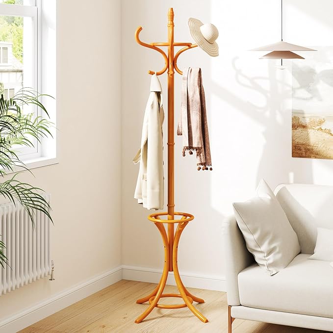 Tangkula Coat Rack with Umbrella Holder, 73 Inch Freestanding Coat Hanger Stand with 12 Hooks, Wooden Entryway Coat Tree for Clothes, Bags, Hats, Scarves, Living Room, Bedroom, Hallway (Natural)