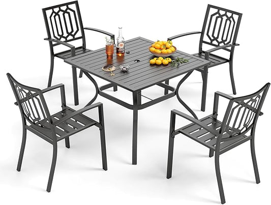 PHI VILLA 5-Piece Metal Patio Outdoor Table and Chairs Outdoor Dining Set - 37" Square Patio Table w/1.57" Umbrella Hole and 4 Backyard Garden Stackable Dining Chairs, Black