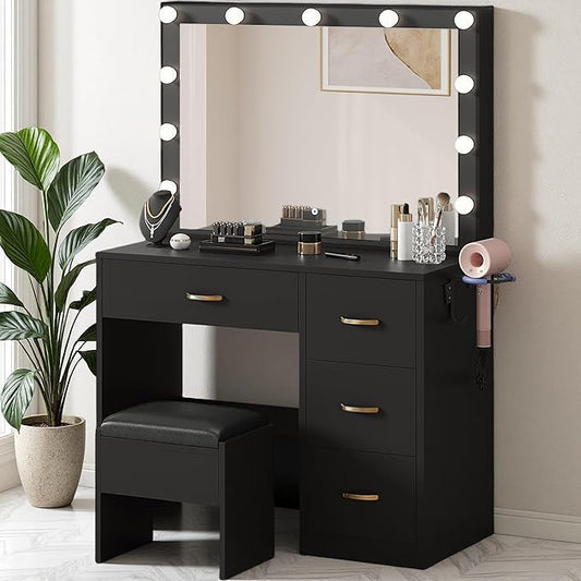YITAHOME Vanity Desk Set with Lighted Mirror, Makeup Vanity with Power Outlets & Storage Drawers, Vanity Set with Stool