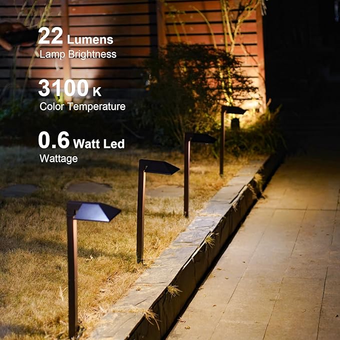 GOODSMANN Low Voltage Landscape Path Lights 8PK Kit 0.6W LED Sidewalk Landscape Lighting 22 Lumen Outdoor Electric Walkway & Pathway Lights Wired Bronze Finish 3100K Warm White with Cable Connectors