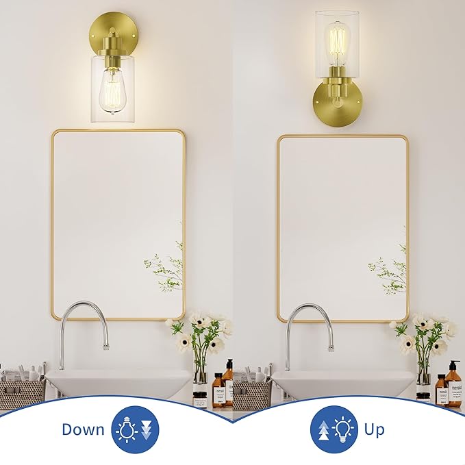 GORDNWE 1-Light Bathroom Wall Sconce, Brushed Gold Vanity Light, Modern Wall Light Fixture with Clear Glass Shade and E26 Bulb Base, Wall Lamp Wall Mount Light Fixtures for Mirror, Bedroom, Hallway