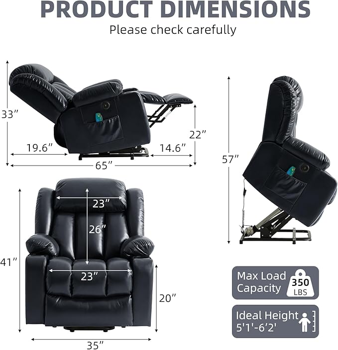 Power Lift Recliner Chair for Elderly, Electric Recliner Chairs for Adults with Massage and Heat, Cup Holders, Remote Control, USB Ports, Side Pockets, Leather (Ink Black) ﻿