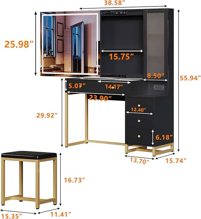 Black Makeup Vanity Desk with Sliding Mirror and LED Lights,Power Outlet&Vanity Stool for Makeup Table,Makeup Organizer Countertop with Cabinets&5 Storage Drawers