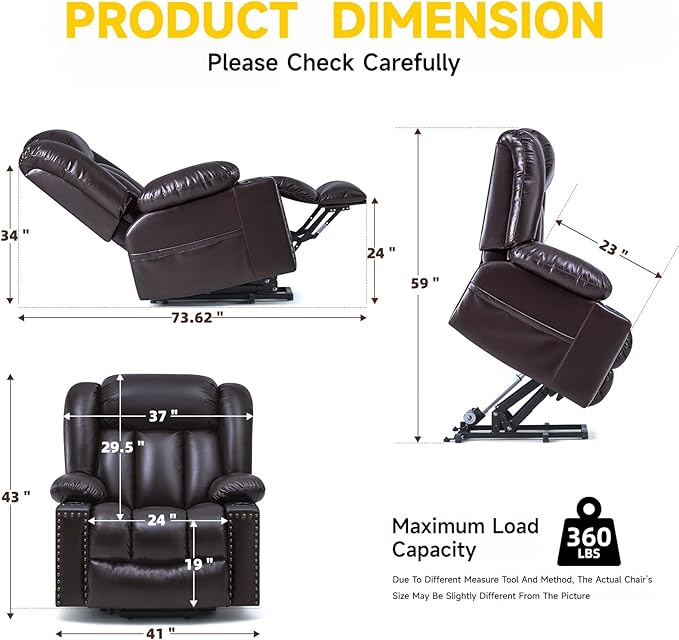 Large Power Lift Chairs Recliners for Elderly with Heated and Massage, Overstuffed Adjustable Lift Chairs, 3 Positions, Breathable Leather, USB-A and USB-C, Cup Holder, Side Pocket Dark Brown