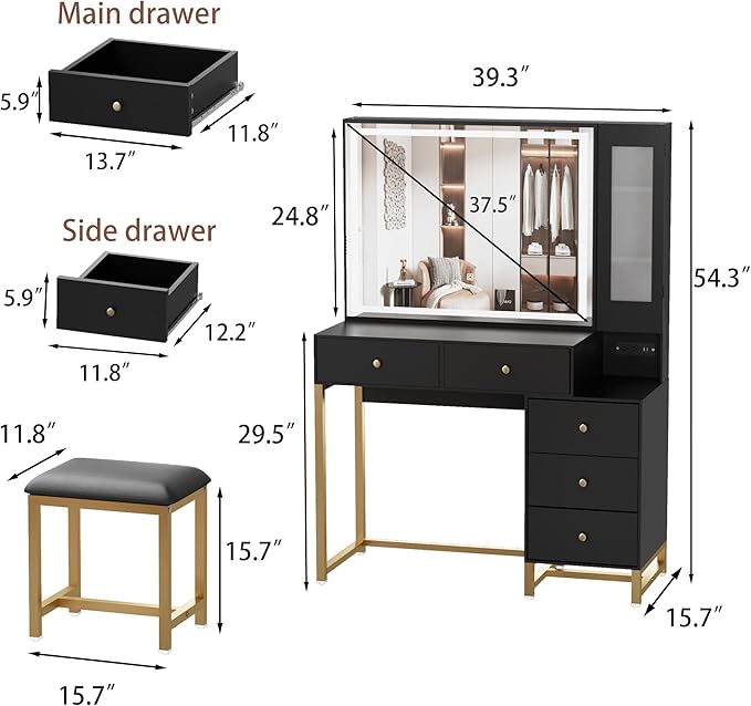 Black Vanity Desk with Mirror and Lights, Makeup Table with Socket Dressing Table Set with Stool, 5 Drawers, Storage Cabinet and Hidden Storage Compartment for Bedroom Dressing Room