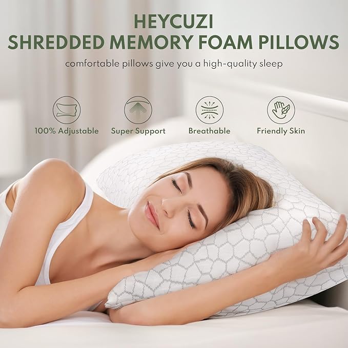 Cooling Shredded Memory Foam Pillow for Sleeping - Standard Size 2 Pack, Adjustable Bed Pillows Set of 2 for Side, Back, and Stomach Sleepers, Washable Breathable Cold Cover - CertiPUR-US
