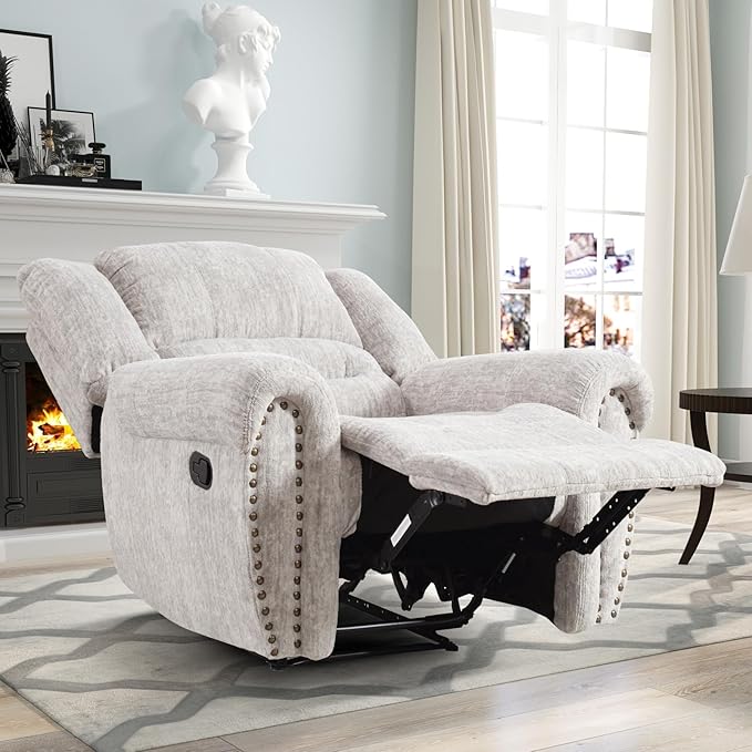 CANMOV Manual Recliner Chair, Classic and Traditional Manual Recliner Chair with Comfortable Arms and Back Single Sofa for Living Room, White Grey