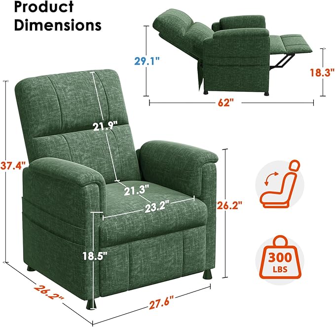 Amada Power Recliner Chair for Adults, Chenille Electric Reclining Chair for Small Spaces with Remote & Side Pockets, Thick Seat Cushion for Home Theater, RV, Living Room & Bedroom