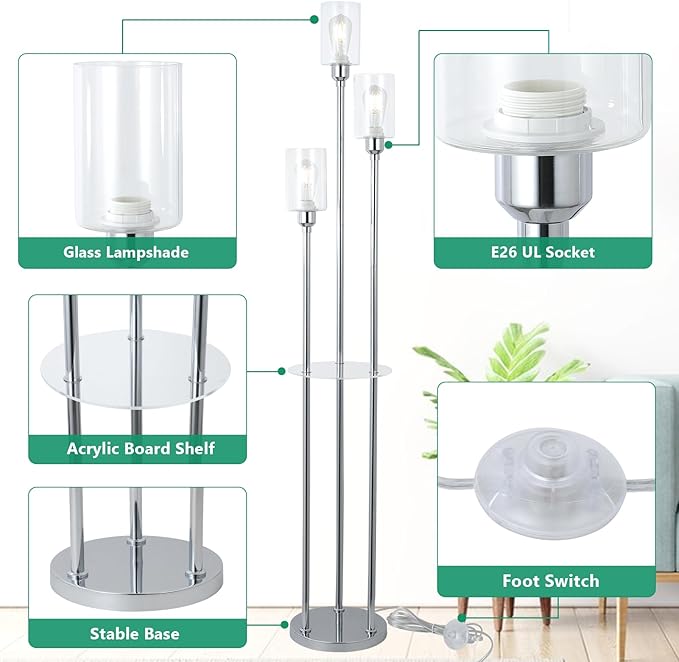 HMVPL Modern Floor Lamps for Living Room, Silver Floor Lamp for Bedroom with Acrylic Shelves, 3-Light Chrome Standing Lamp with Glass Shades, On/Off Foot Switch, Tall Lamp for Corner Office (66")