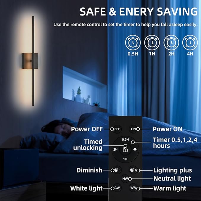 Battery Operated Wall Sconces set of 2, 16000mAh Black Rechargeable Wall Sconce with Remote Control, 3000K-6000K Dimmable LED Wireless Wall Light for Living Room, Hallway, Bedroom, Stairs, 29 Inchs