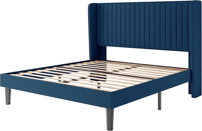 SHA CERLIN Queen Size Velvet Bed Frame with Vertical Channel Tufted Wingback Headboard, Upholstered Platform Bed with Wood Slats, No Box Spring Needed, Easy Assembly, Blue
