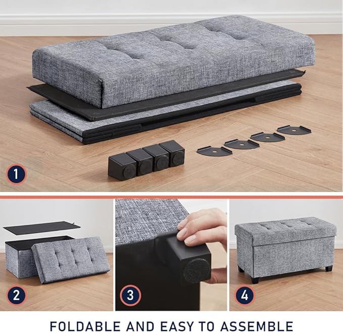 Ornavo Home 30 Inch Storage Ottoman, Large Storage Bench, Ottoman with Storage with Legs, Foot Rest Stool, Bedroom Bench - Gray