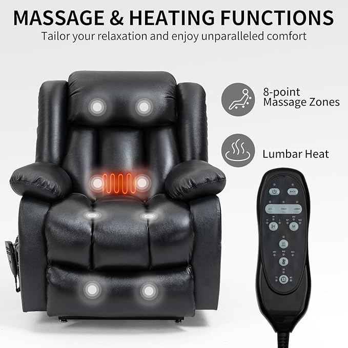 Dual Motor Large Recliner with Massage and Heat, Power Lift Chairs for Elderly, Leather Recliner Chairs for Adults with 2 Remote Controls, Black Big and Tall Recliner