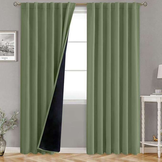BGment Full Blackout Curtains with Thermal Insulation Liner Curtains 90 Inches Long, Rod Pocket and Back Tab Double Layer Room Darkening Window Curtain for Bedroom(52 x 90 Inch, 2 Panels, Grass Green)
