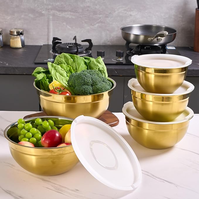 Gold Mixing Bowls with Airtight Lids, Stainless Steel Nesting Mixing Bowls Set of 5, Ideal for Baking, Prepping and Serving Food, Size 5.5, 3.6, 2.7, 2.1, 1.5, QT, Stackable Design
