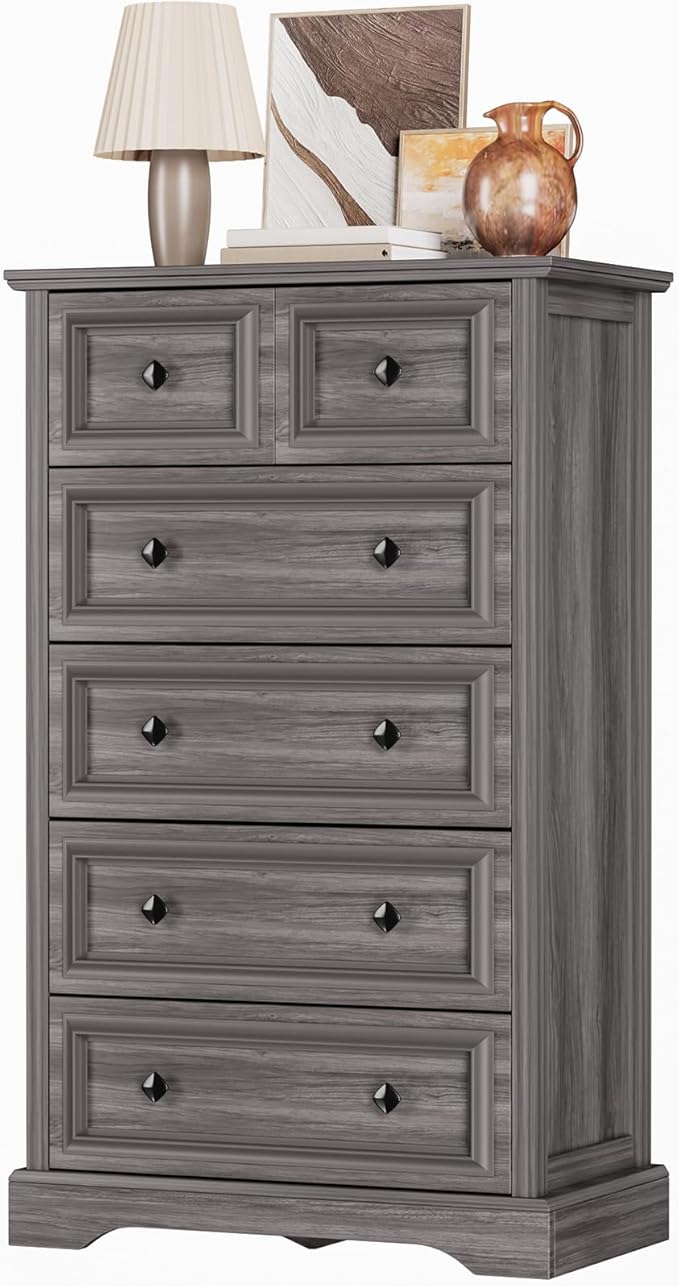 Grey Dresser, 48" Tall Dresser with Natural Texture & Metal Handles, 6 Drawer Chest of Drawers for Bedroom, Living Room, Hallway, Vintage Design