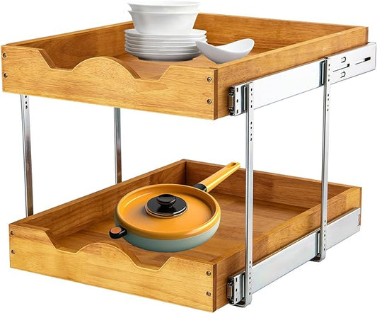 DINDON 2 Tier Pull Out Cabinet Organizer (14" W x 18" D) Slide Out Wood Drawer, Two Tier Sliding Shelf Organization and Storage…