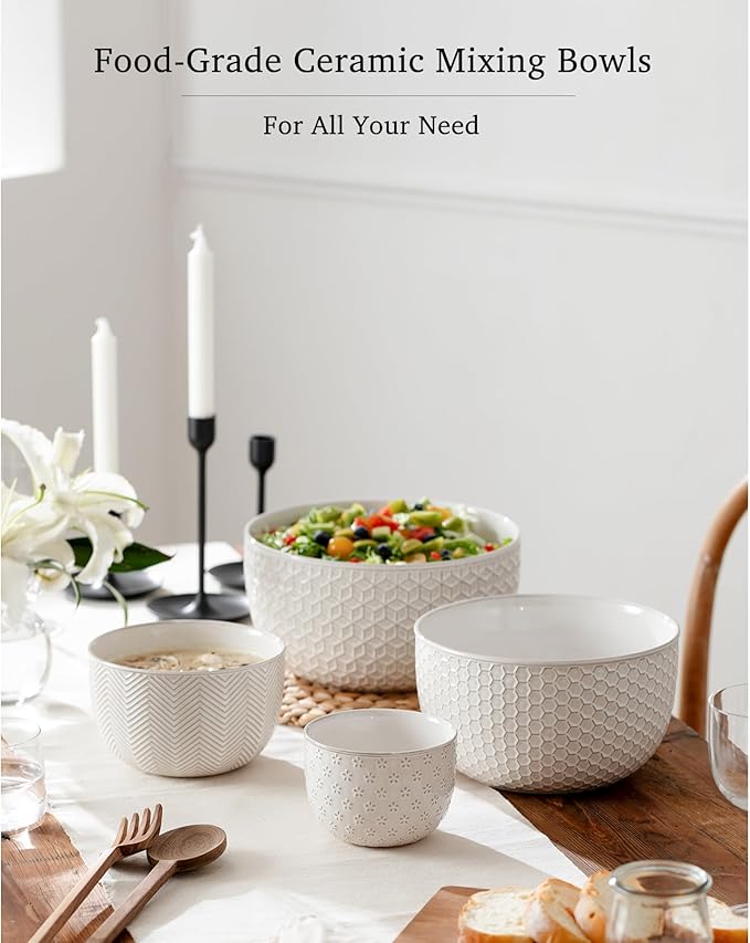 Ceramic Mixing Bowls, Embossed Nesting Bowls, Mixing Bowl Set of 4, Mixing Bowls for Cooking, Baking, Serving, Popcorn, Salad etc, Microwave and Dishwasher Safe, 20/47/99/148 oz, Off-White