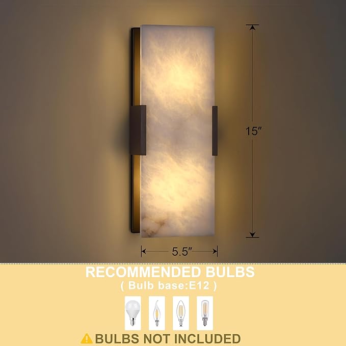 2 Light Natural Square Alabaster Marble Bathroom 15 Inch Wall Sconce Modern Concise Style Wall Light Fixtures,Oil Rubbed Bronze Finish for Bedroom Hallway Bedside Living Room