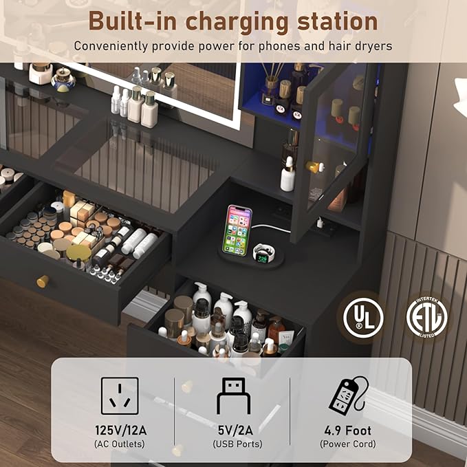 62" Large Black Vanitys Desk w/ Tempered Glass Top,60000-color LED Lights,Power Outlet, Make up Vanity w/ 3 Lights Mode LED Mirror,9 Drawers,2 RGB Cabinet LED Vanity Table for Women,Girls