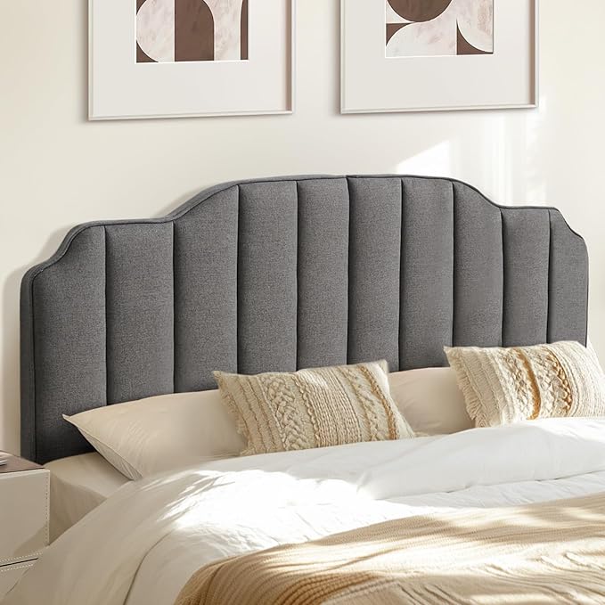 Queen Size Headboard Dark Gray Upholstered Headboard Adjustable Height&Width Linen Headboards Modern Vertical Channel Design Bed Head Board, Dark Gray