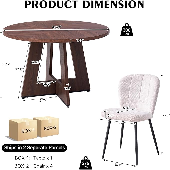 47" Round Dining Room Table Set for 4, [Fanned Base] [1.38" Thick Top] Wood Kitchen Table with 4 Chenille Dining Chairs