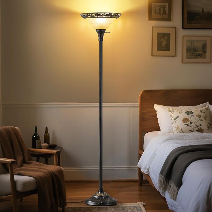 Luvkczc Torchiere Floor Lamp for Living Room - 70" Victorian Standing Lamp with Etched Glass Shade, Corner Floor Lamps for Bedroom/Office