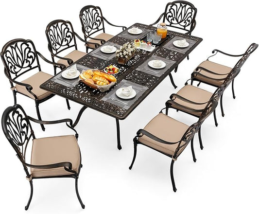 9-Piece Cast Aluminum Outdoor Dining Set Retro Patio Dining Set for 8 Includes 86.6’’ Rectangular Table and 8 Chairs with Removable Cushion and Umbrella Hole for Patio Deck Garden Porch