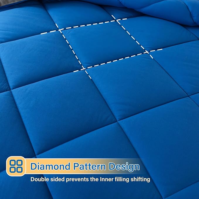 Cosybay Bed in a Bag Queen Comforter Sets 7pcs All Season Solid Down Alternative Bedding Sets Blue and Grey with Comforter, Pillow Shams, Flat Sheet, Fitted Sheet and Pillowcases