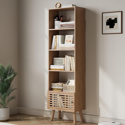 Open Shelf Cube Bookcase, 68" Tall Freestanding Bookshelf, Slatted Door Narrow Corner Bookcase with 5 Cubes, Mid-Century Modern Display Storage Cabinet for Living Room, Home Office, Oak