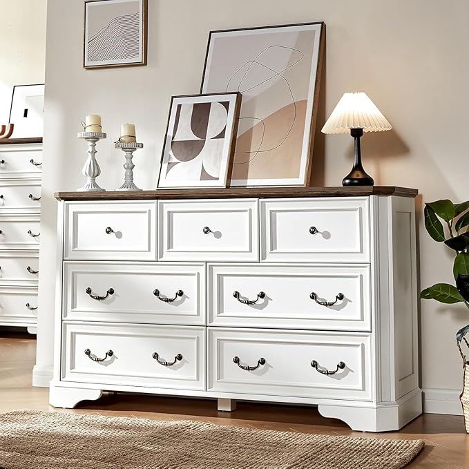 Farmhouse 54" 7 Drawers Dresser, Wood Rustic Chest of Drawers Dresser with Corner Bevel Shape, Closet Storage Dressers for Bedroom, Living Room, Hallway, Antique White
