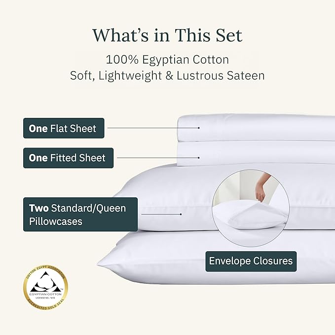 California Design Den Certified 100% Egyptian Cotton Bed Sheets Full, Deep Pocket Full Size Sheets Set, Sateen Cooling Sheets for Hot Sleepers, White Cotton Sheets Full