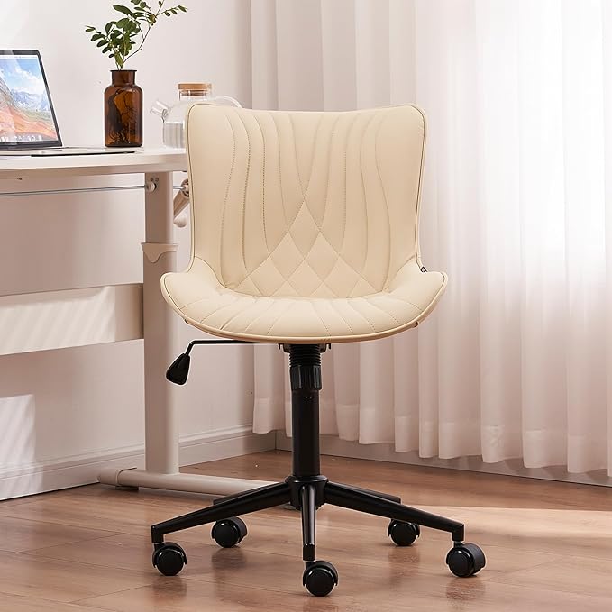 YOUTASTE Office Chair Armless Desk Chair Small Computer Swivel Rolling Chair with Wheels, Modern Upholstered PU Leather Computer Sewing Chair, Adjustable Home Office Desk Chairs, Beige