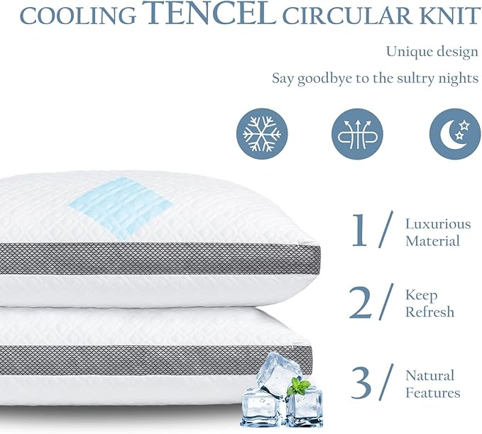 Tencel Standard Bed Pillows, Shredded Memory Foam Pillows, Adjustable Bed Pillow for Sleeping, 18"x26"Cooling Tencel Circular Knit Pillows for Side, Back, Stomach Sleepers（Pack of 1）