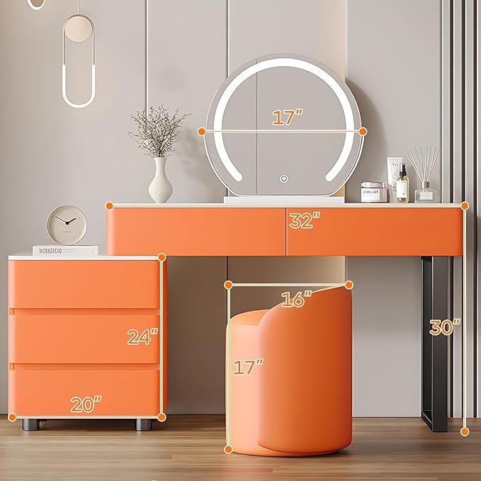 Solid Wood Vanity Desk, Modern Makeup Vanity with Drawers & Rock Slab Countertop and LED Light Mirror, Simple Dressing Table with Makeup Stool for Bedroom(Orange)