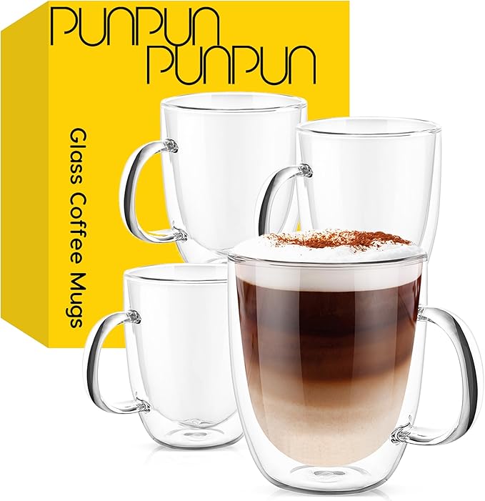 PunPun 17OZ. 500ml Clear Coffee Mugs, Glass for Coffee, Double Wall Insulated Glass Mugs with Big Handle, Every Day for Americano, Latte, Cappuccinos and Beverage.Set of 4