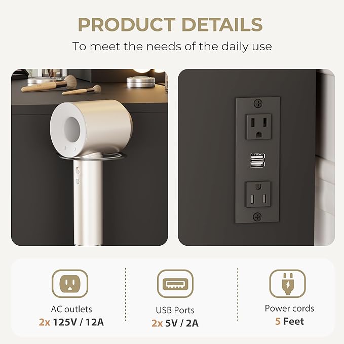 Vanity Desk with Mirror and Lights, 3 Adjustable Lighting Makeup Vanity Desk with 3 Storage Shelves, 5 Large Drawers and Power Outlet, Vanity with Chair for Bedroom, Black