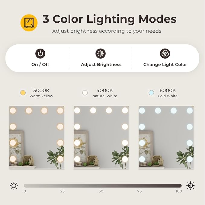 Vanity Desk with LED Lighted Mirror, Makeup Vanity with 3 Adjustable Lights, 2 Large Drawers and 4 Open Shelves, Natural Vanity with Storage Stool for Bedroom