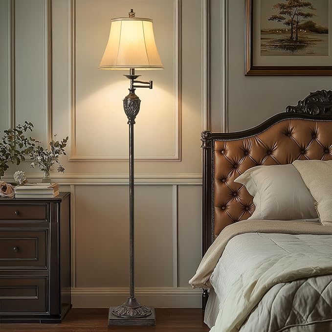 Traditional LED Floor Lamp with 350° Adjustable Swing Arm Lamp – Vintage Standing Pole lamp for Living Room, Bedroom and Office – Rustic Upright Floor Light for Home Décor with Faux Silk Fabric Shade