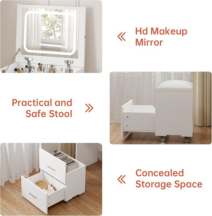 Compact Vanity with 3 Drawers, 3 in 1 Vanity Desk, Makeup Desk with Flip-up 3 Colors Lighting Mirror and Cushioned Stool, Small Vanities Nightstand Perfect for Bedroom, White