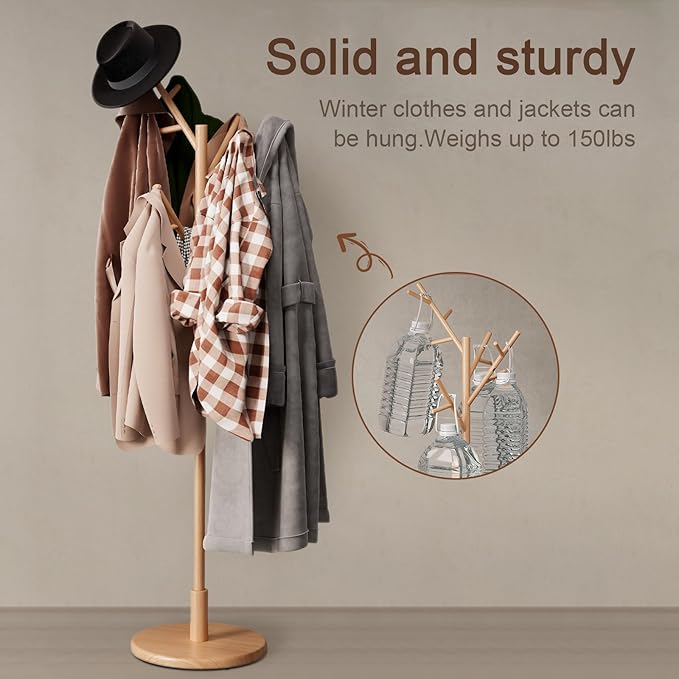 Coat Rack,Solid Wood Coat Rack Freestanding with 12 Hooks,Coat tree freestanding 3 Adjustable Heights for coat, Hats, Handbags，Coat Stand for Entryway,Bedroom (Natural)