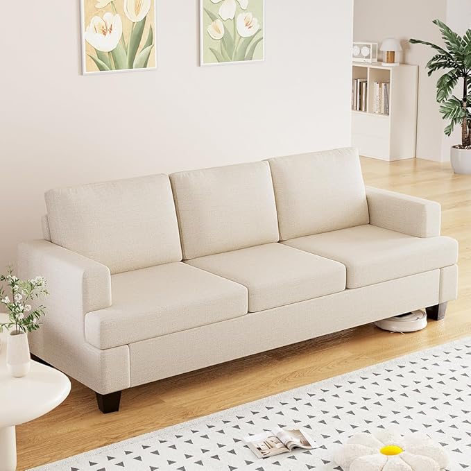 Furnimart 85 inch Deep Seat Sofa, Modern 3 Seater Couch, Beige Linen Sofa, Comfy Cloud Couch for Living Room, Cozy Fluffy Sofas with Removable Sofa Cover, Small Couches for Small Spaces